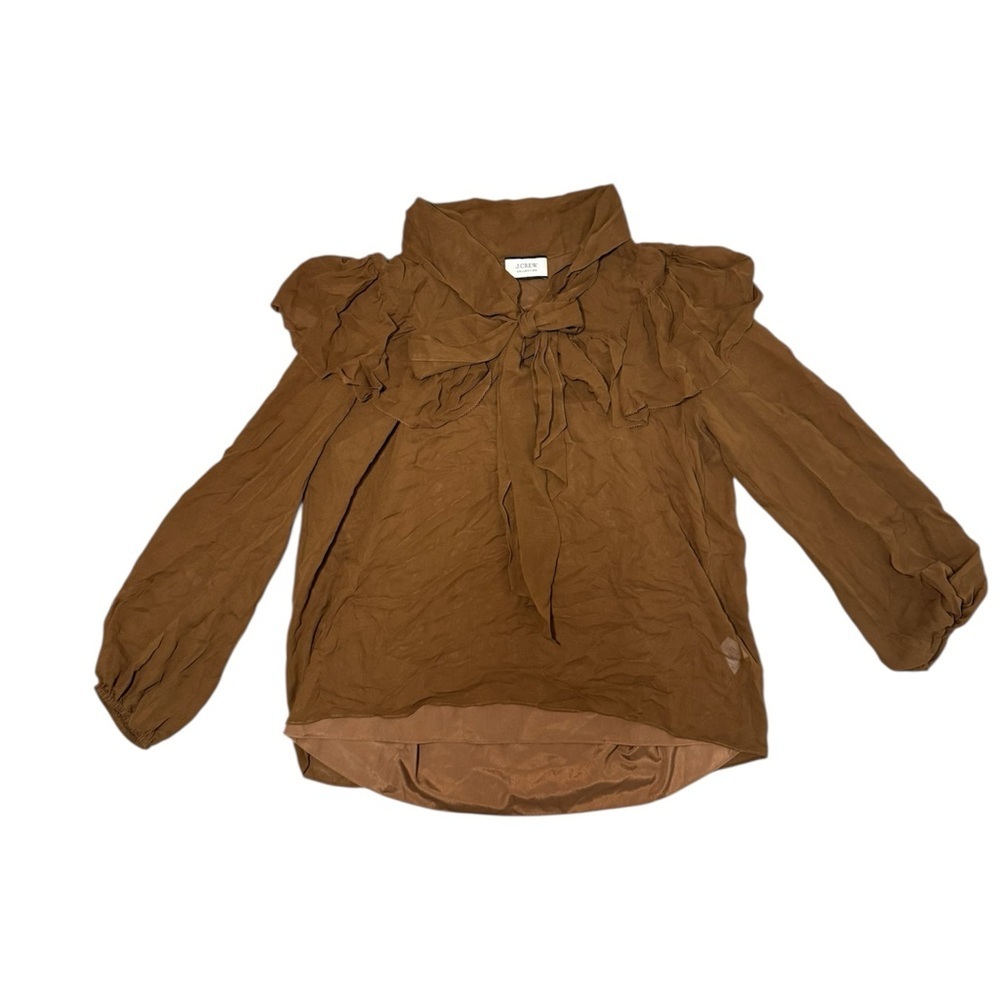 J.Crew Collection Silk Ruffle Blouse Brown Tie Neck Long Sleeve Top Size Medium
